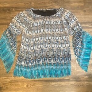 New Directions Top M Teal Abstract Blouse Flutter Sleeve Flowy Work Casual Flowy